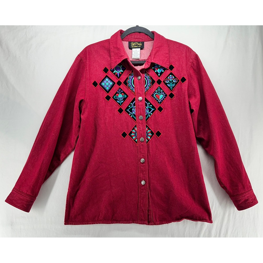 Bob Mackie Wearable Art Red Embroidered Denim Shirt Women Medium
